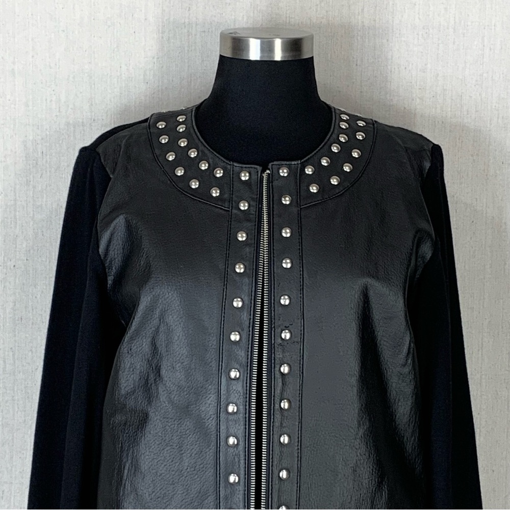 Caprice~Women's Full Zip Studded Leather & Knit Combo Moto/Biker Jacket~Sz L - Picture 2 of 16